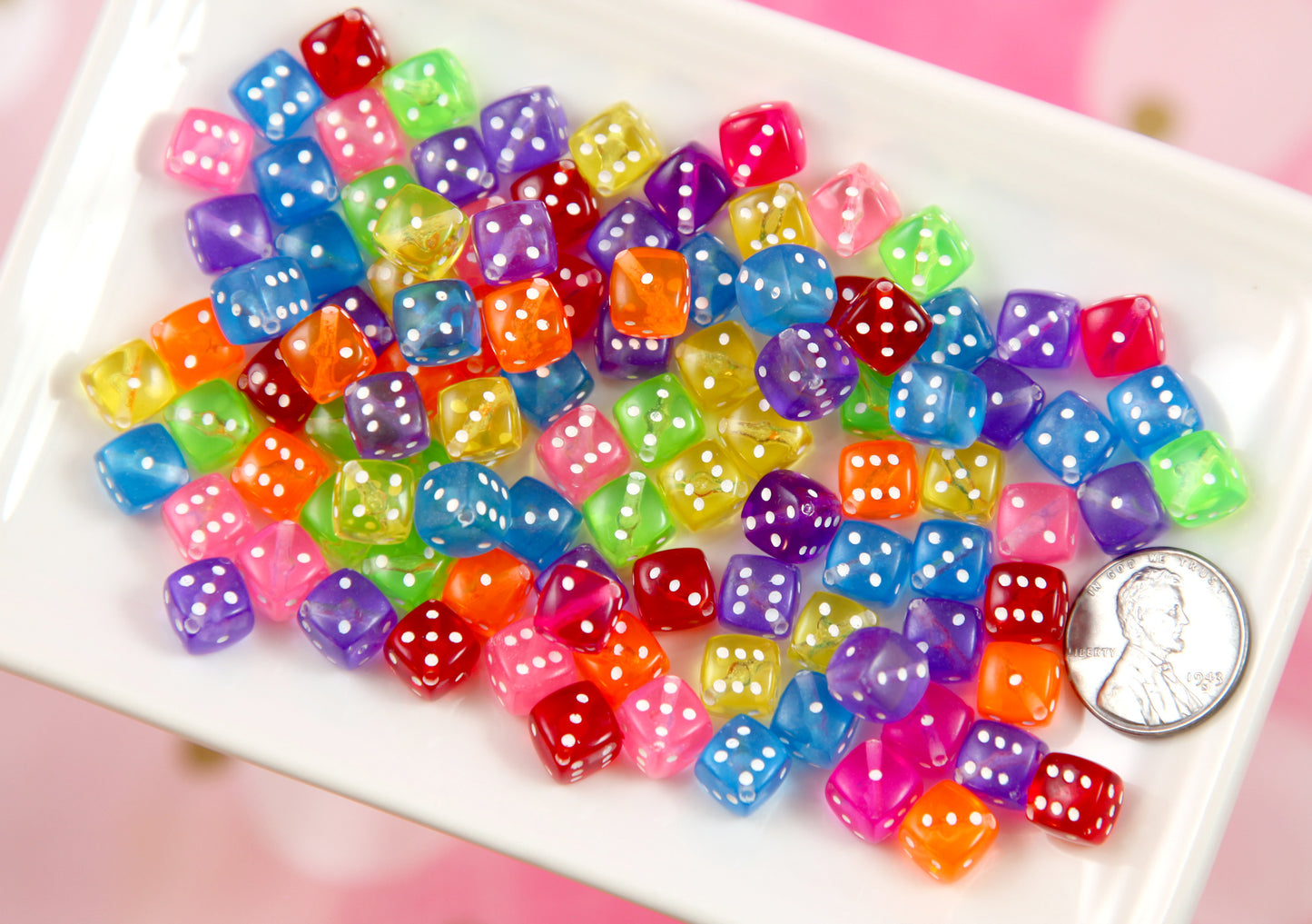 Dice Beads - 100 pieces - 10mm Colorful Translucent Dice D6 Diagonal Hole Acrylic or Resin Beads