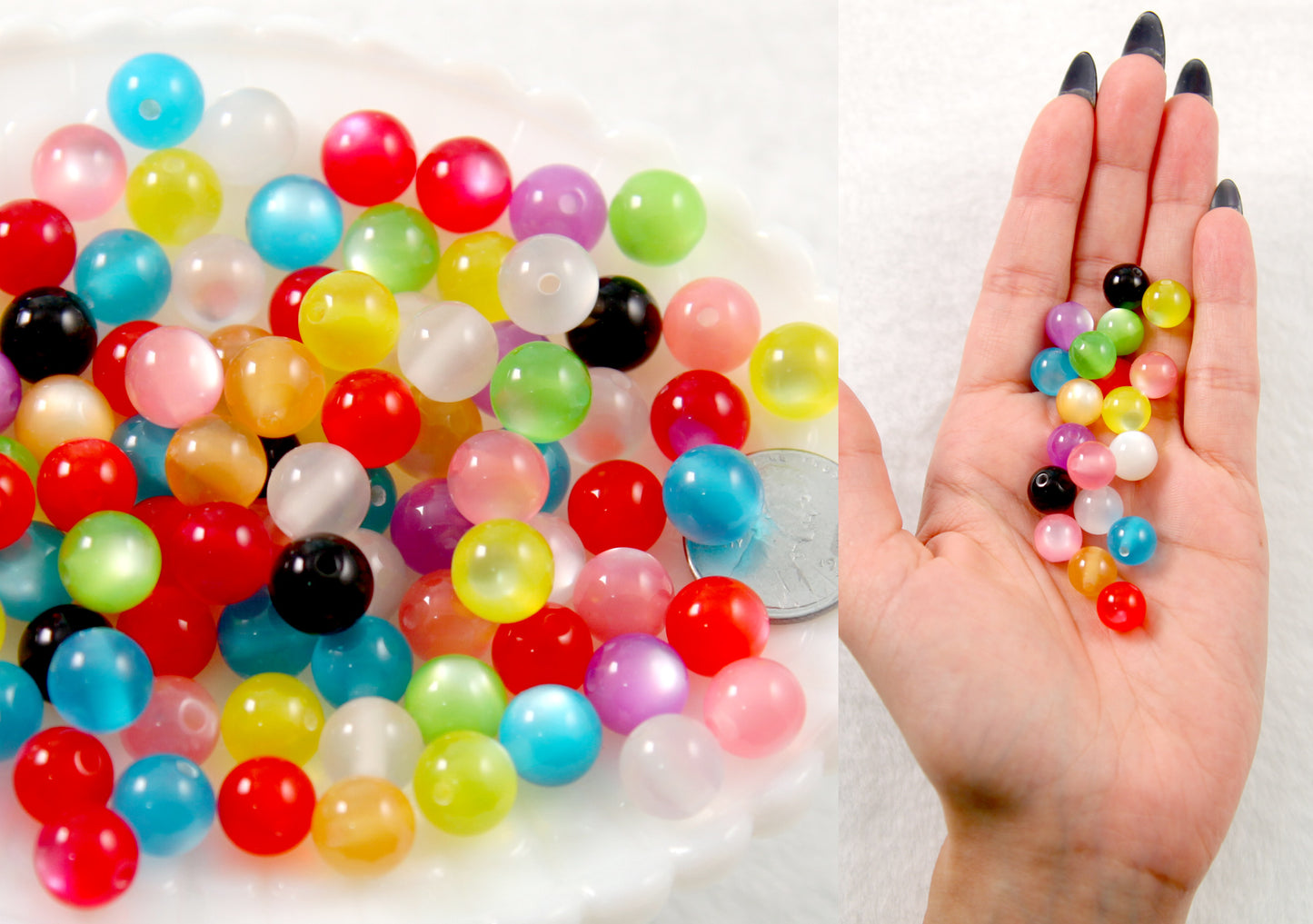 Cats Eye Beads - 10mm Colorful Moonglow Pearly Acrylic or Resin Beads - 100 pc set