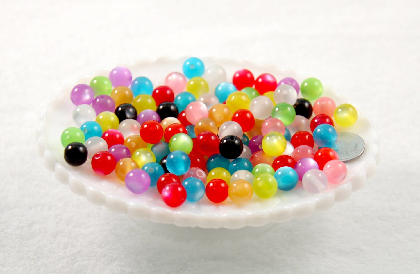 Cats Eye Beads - 10mm Colorful Moonglow Pearly Acrylic or Resin Beads - 100 pc set