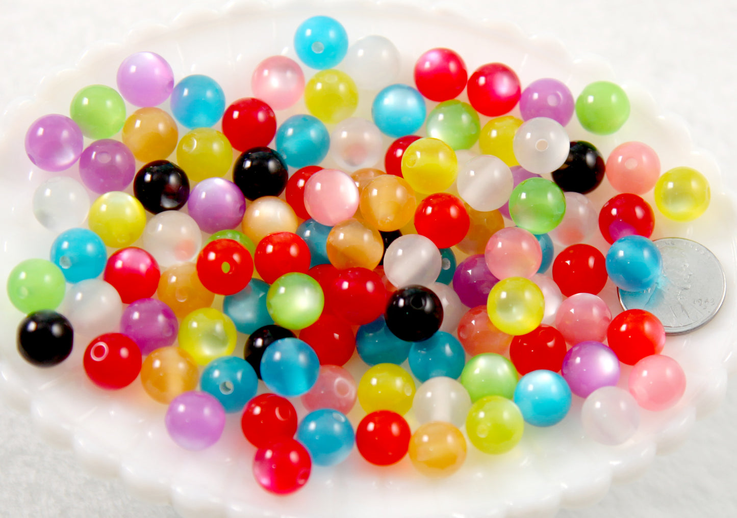 Cats Eye Beads - 10mm Colorful Moonglow Pearly Acrylic or Resin Beads - 100 pc set