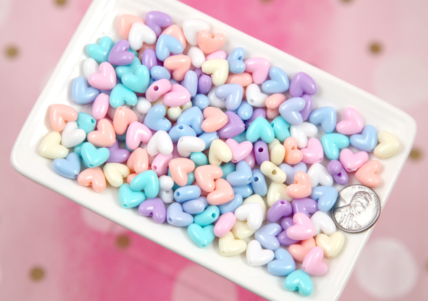 Pastel Heart Beads - 150 pieces - 10mm Cute Flat Pastel Heart Bead Resin or Acrylic Beads