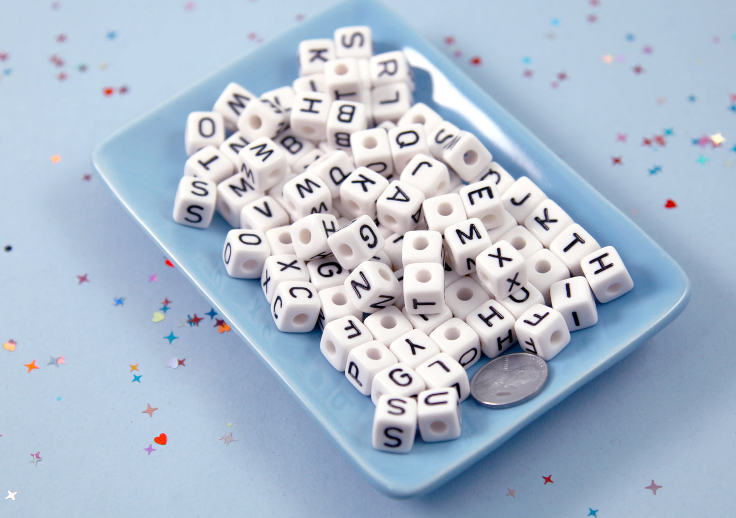 Letter Beads - 10mm Cube Square White Alphabet Acrylic or Resin Beads - 100 pc set