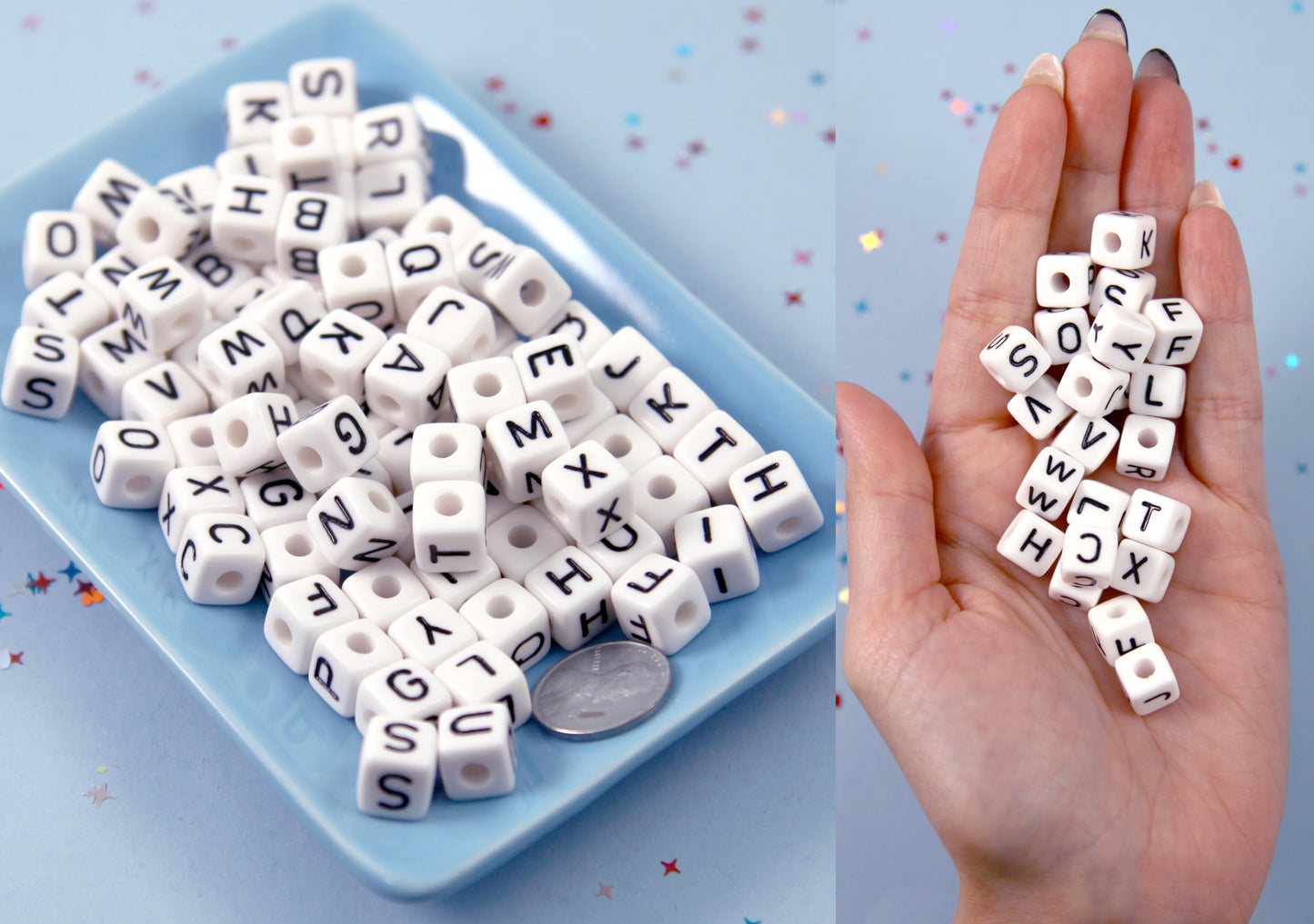 Letter Beads - 10mm Cube Square White Alphabet Acrylic or Resin Beads - 100 pc set