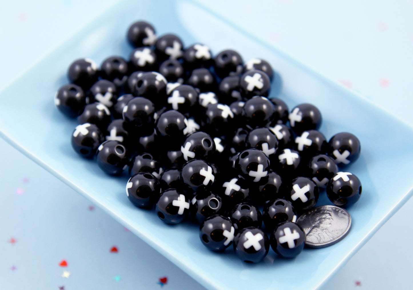 Cross Beads - 12mm Black Inlaid Cross X Bead Acrylic or Resin Beads - 50 pcs set