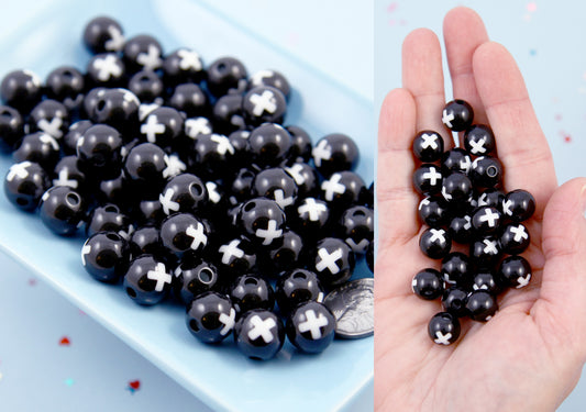 Cross Beads - 12mm Black Inlaid Cross X Bead Acrylic or Resin Beads - 50 pcs set