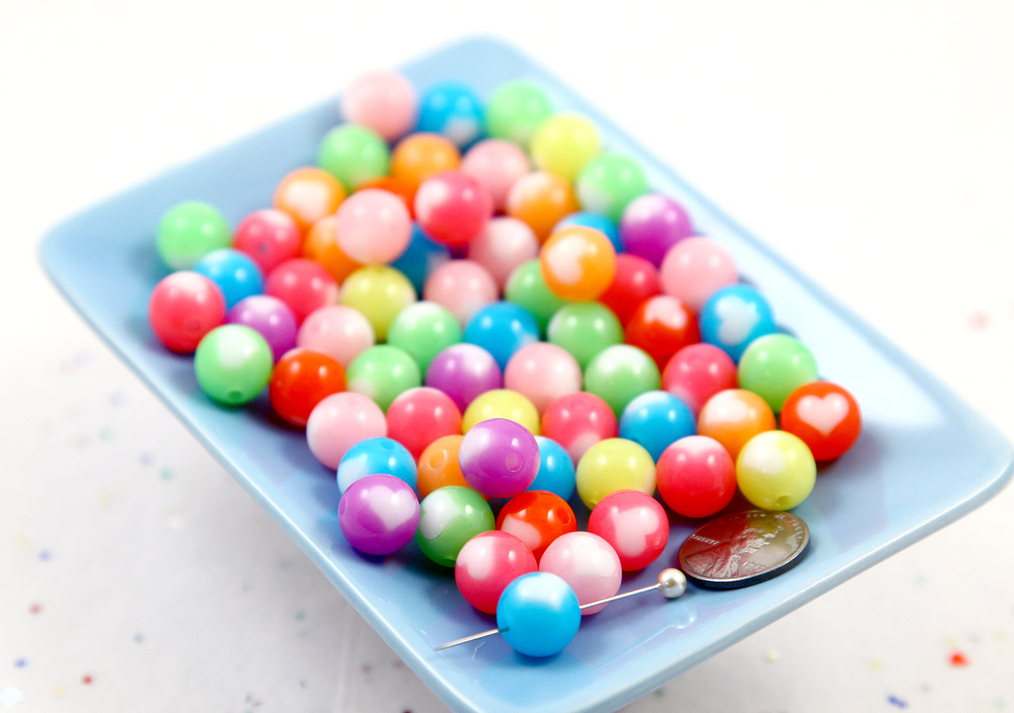 Cute Beads - 50 pieces - 12mm Jelly Color Inlaid Heart Acrylic Beads - Little Heart Pattern Round Beads