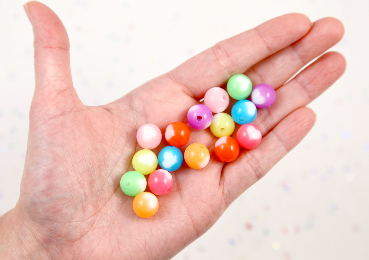 Cute Beads - 50 pieces - 12mm Jelly Color Inlaid Heart Acrylic Beads - Little Heart Pattern Round Beads