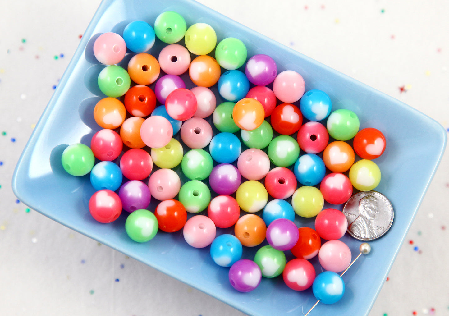 Cute Beads - 50 pieces - 12mm Jelly Color Inlaid Heart Acrylic Beads - Little Heart Pattern Round Beads