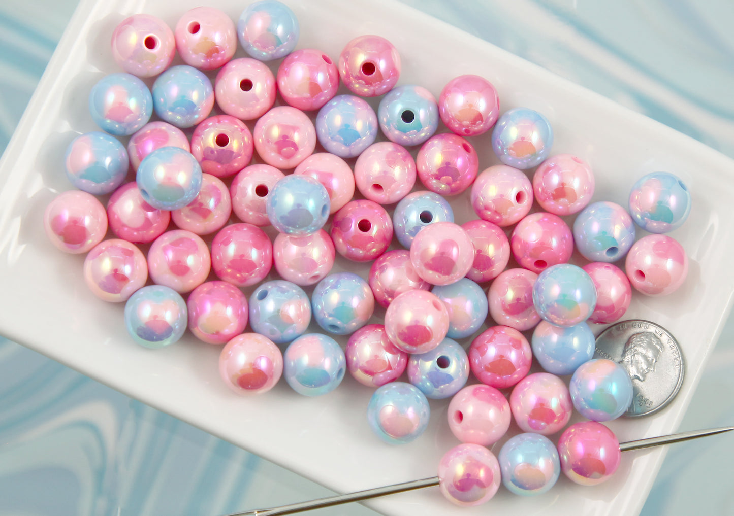 Heart Beads - 24 pieces - 12mm AB Pastel Inlaid Heart Acrylic or Resin Beads- Pink and Blue color mix