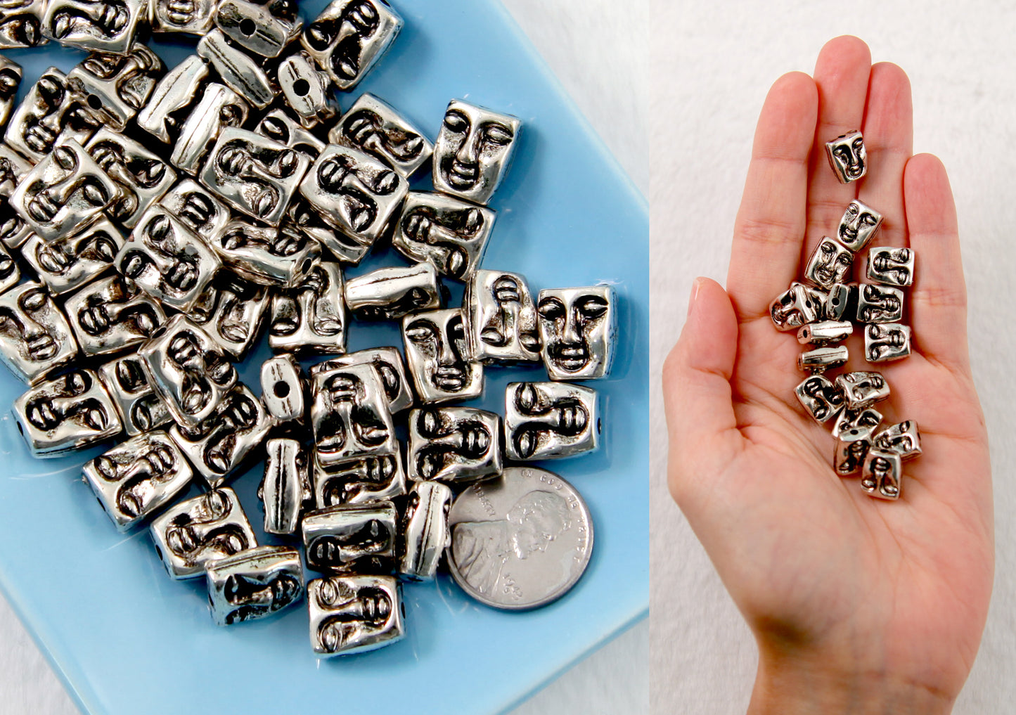 Face Beads - 12 pc set - 10mm Antiqued Silver Color Beads - Electroplated Silver Plastic Beads - Drilled with Holes to Easily make Jewelry