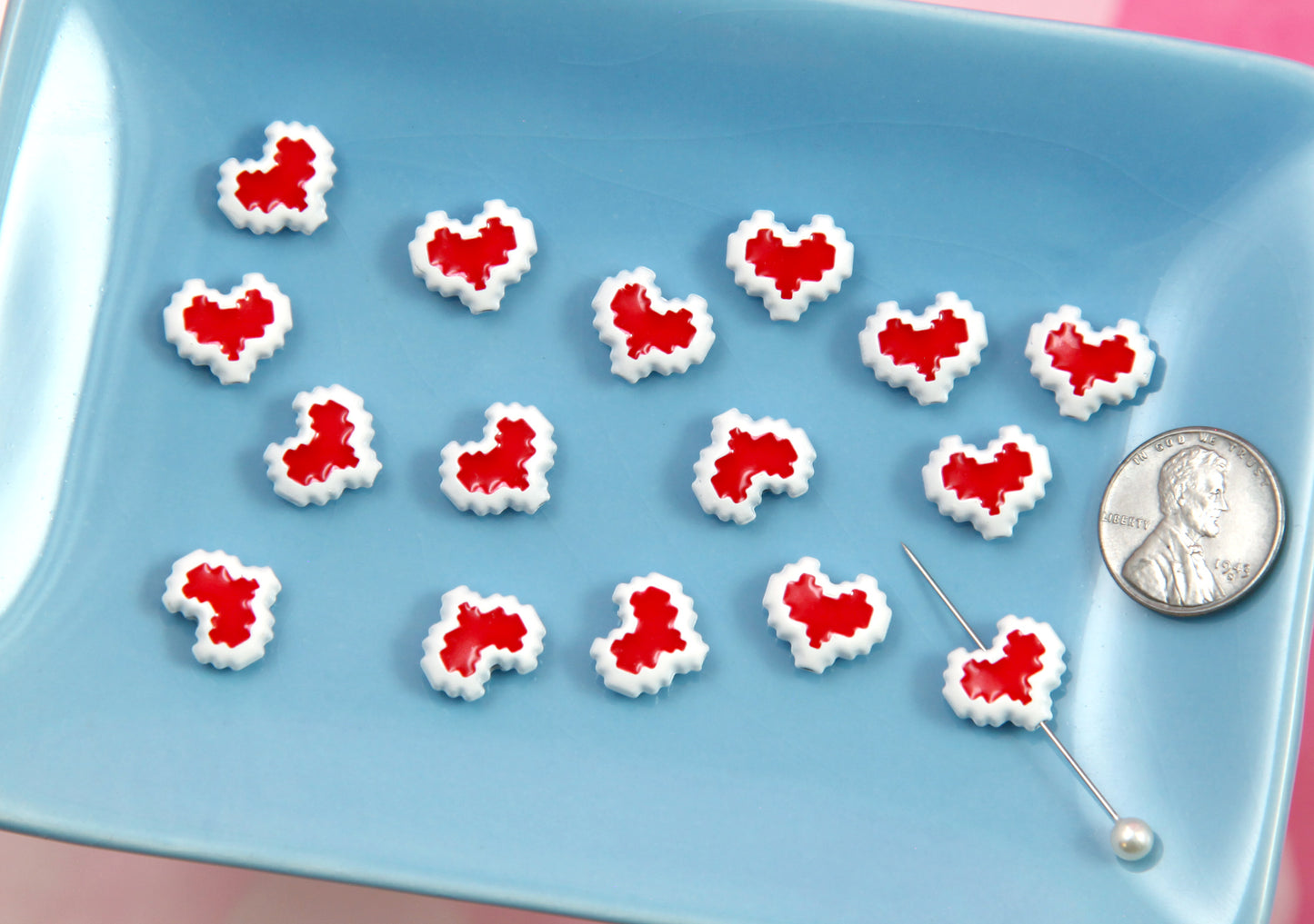 Pixel Heart Beads - 6 pcs - Alloy Beads - 12mm Small Pixely Heart Alloy or Metal Beads