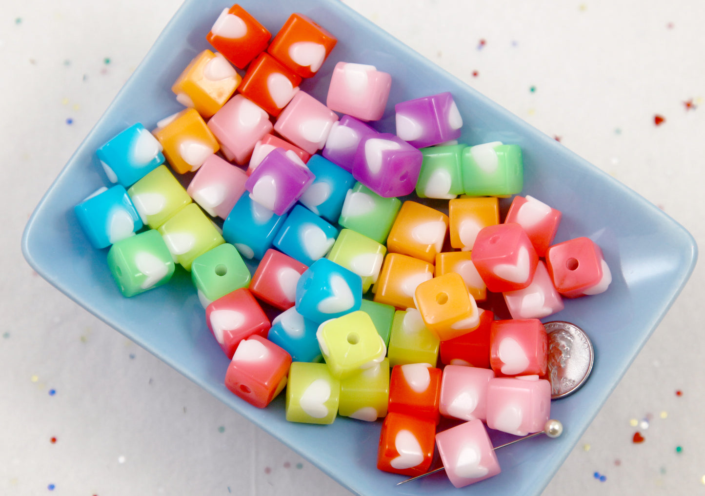 Cube Beads - 35 pieces - 12mm Jelly Color 3D Heart Cubes Acrylic Beads - Little Heart Blocky Beads