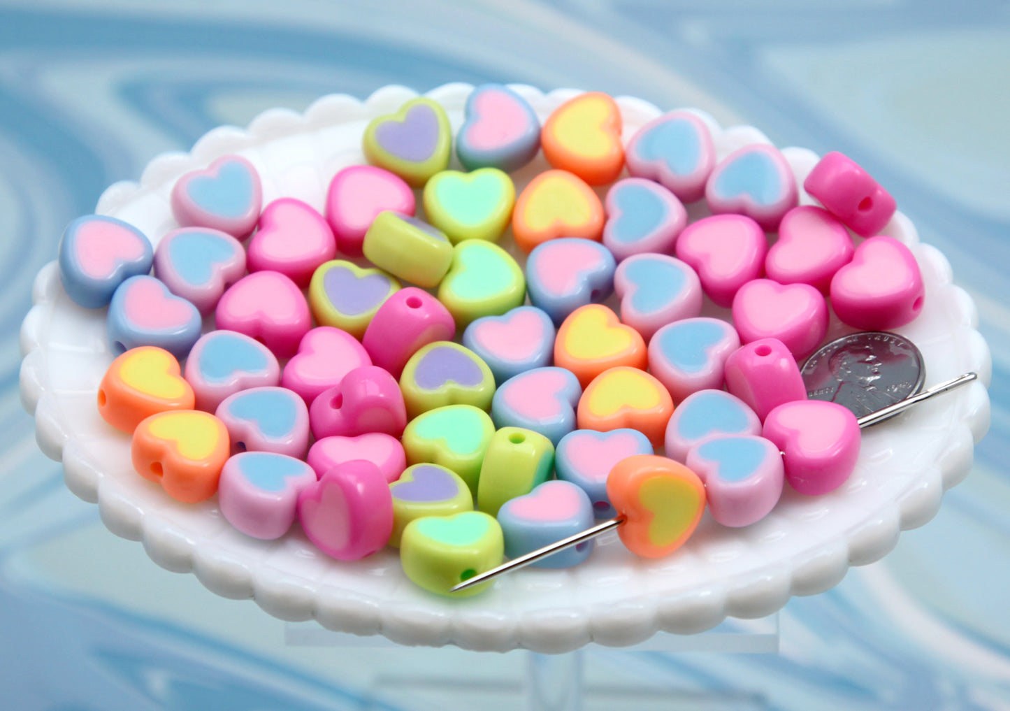 Candy Heart Beads - 45 pieces - 14mm Fake Marshmallow Beads Two Tone Acrylic Double Heart Bead - Resin Heart Beads