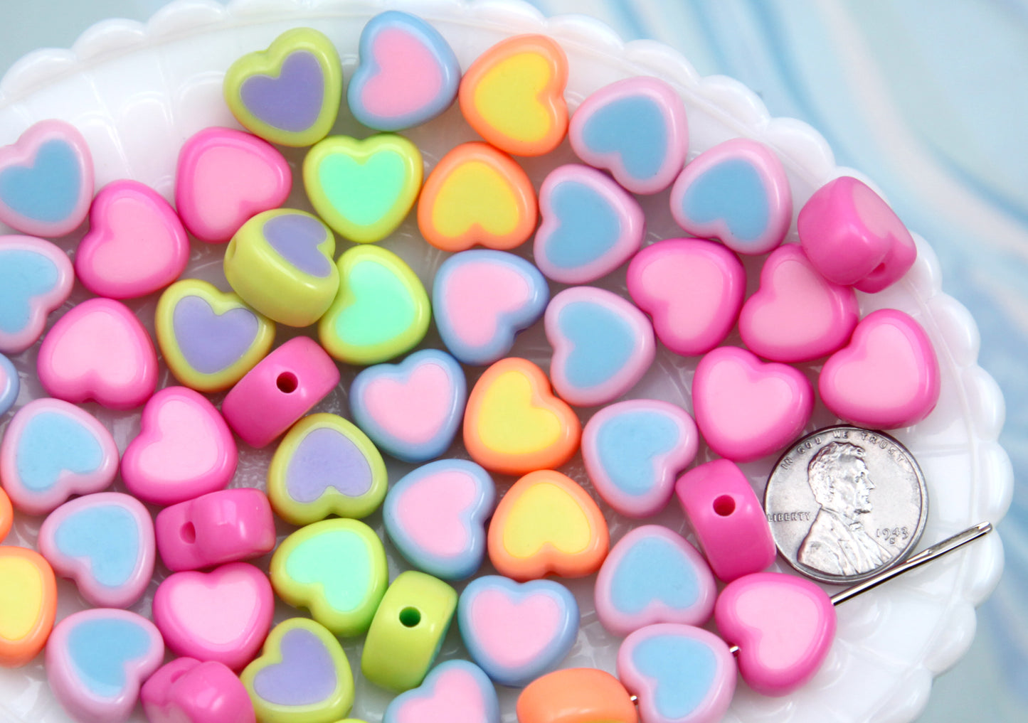 Candy Heart Beads - 45 pieces - 14mm Fake Marshmallow Beads Two Tone Acrylic Double Heart Bead - Resin Heart Beads
