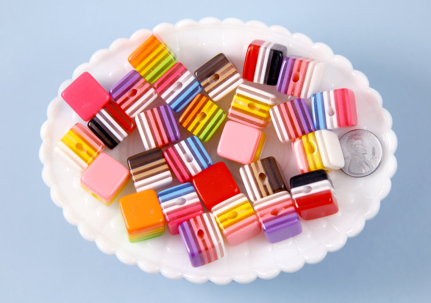 Striped Beads - 15mm Cube Juicy Stripes Colorful Chunky Resin Beads - 12 pc set