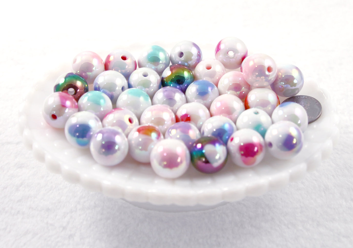 Pastel Beads - 15mm Amazing AB Pastel White Inlaid Heart Acrylic or Resin Beads - 14 pcs set