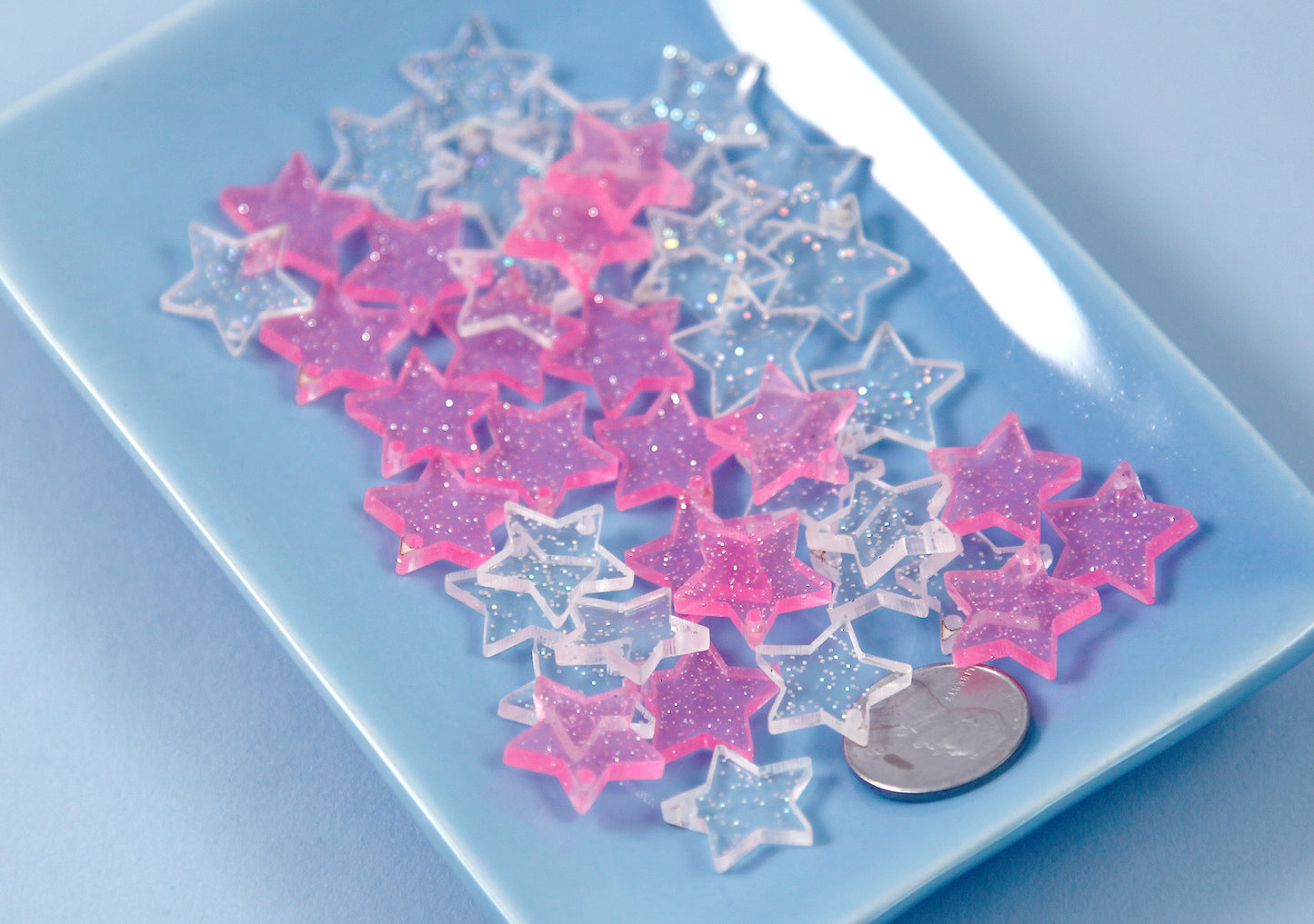 Mini Star Charms - 30mm Clear & Pink Glitter Translucent Star Resin Charms - 20 pc set