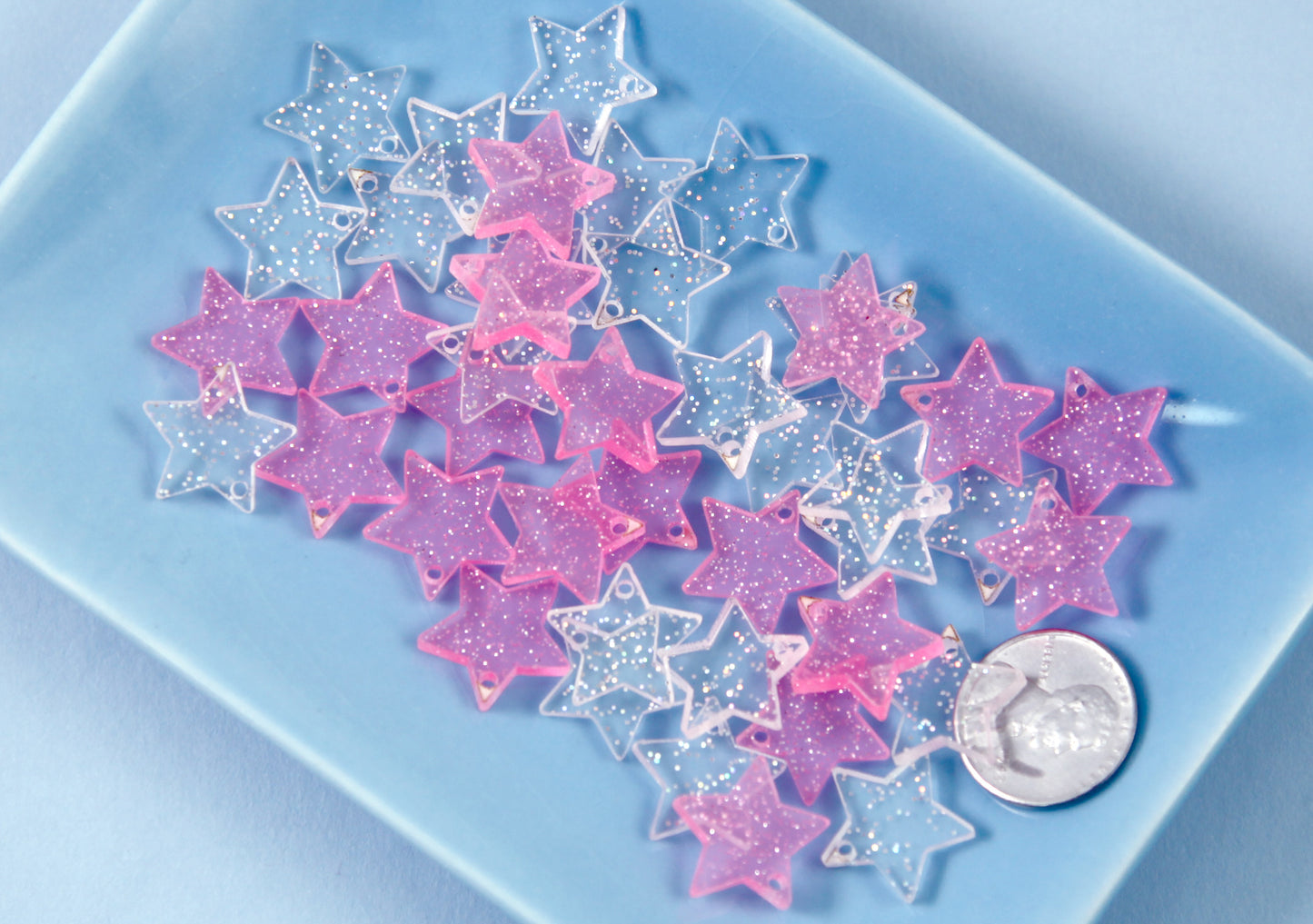 Mini Star Charms - 30mm Clear & Pink Glitter Translucent Star Resin Charms - 20 pc set