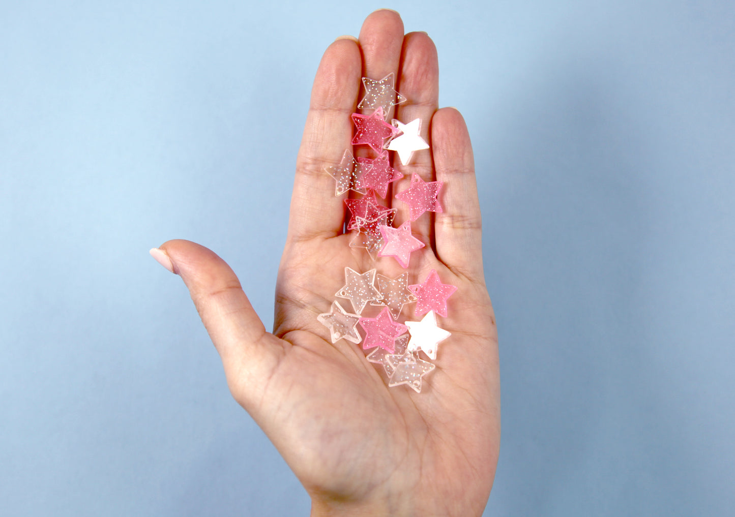 Mini Star Charms - 30mm Clear & Pink Glitter Translucent Star Resin Charms - 20 pc set