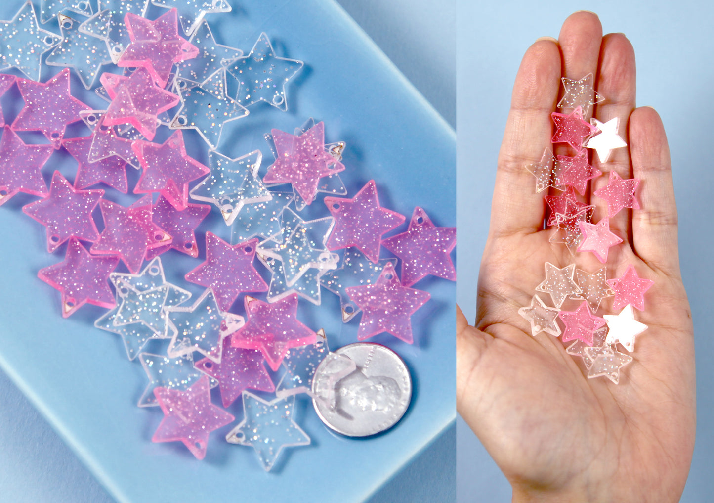 Mini Star Charms - 30mm Clear & Pink Glitter Translucent Star Resin Charms - 20 pc set