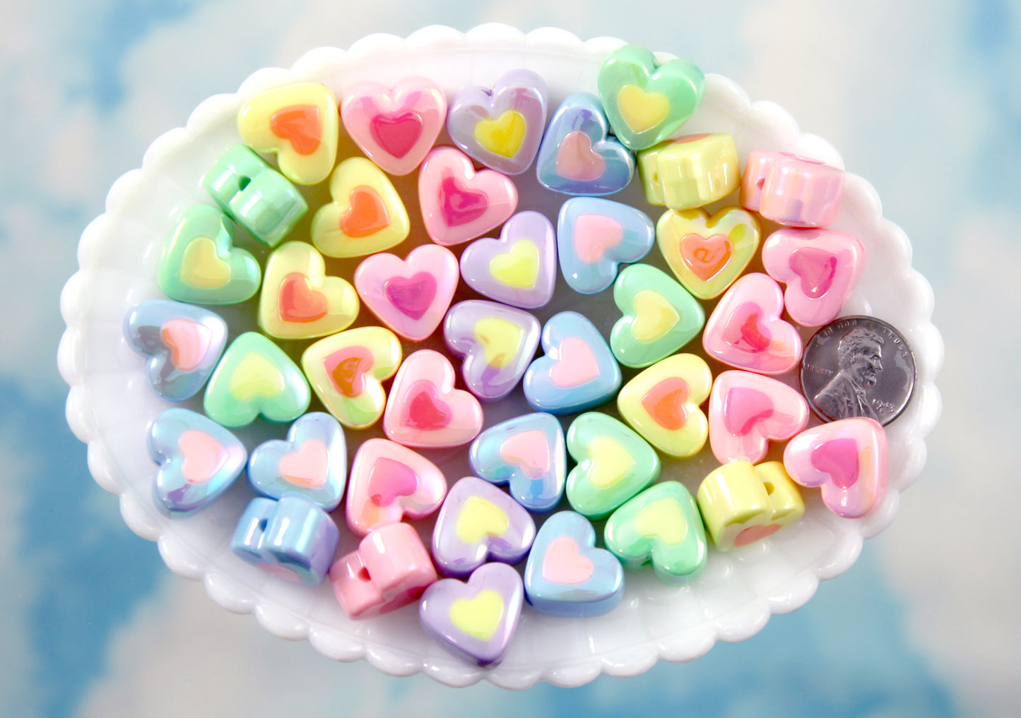 Pastel Heart Beads - 18mm Pastel Amazing AB Two Tone Acrylic Double Heart Beads - Resin Heart Beads - 15 pc set