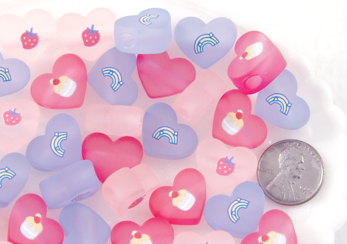 Pastel Heart Beads - 22mm Frosted Pastel Beads with Cute Printed Design - Strawberry, Cupcake, Rainbow - Acrylic or Resin Beads - 15 pcs set