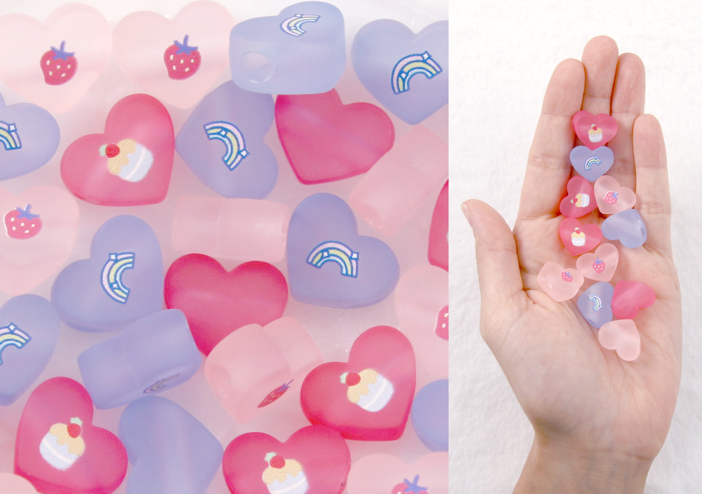 Pastel Heart Beads - 22mm Frosted Pastel Beads with Cute Printed Design - Strawberry, Cupcake, Rainbow - Acrylic or Resin Beads - 15 pcs set