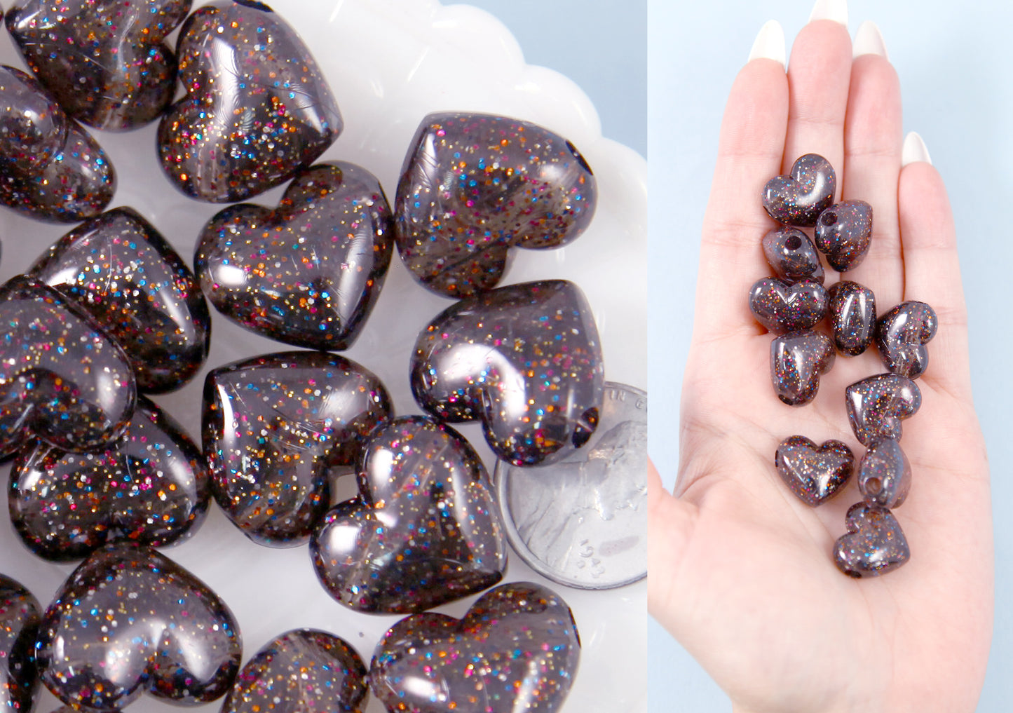 Black Heart Beads - 18mm Black Glitter Puffy Heart Acrylic or Resin Beads - 25 pcs set