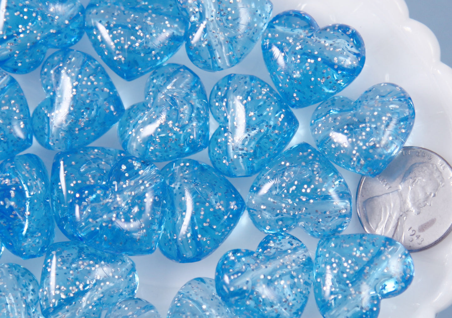Blue Heart Beads - 18mm Blue Glitter Puffy Heart Acrylic or Resin Beads - 25 pcs set