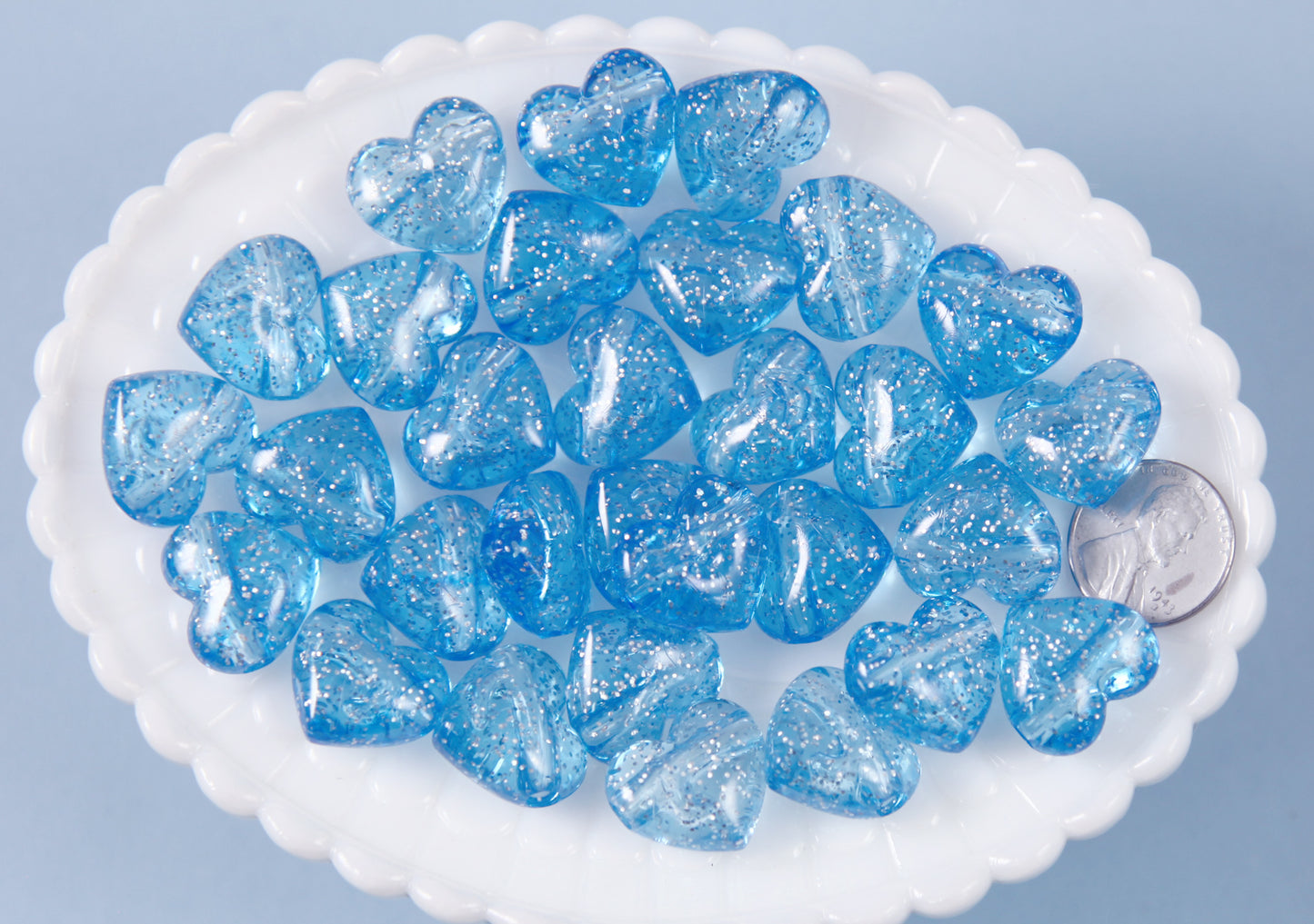 Blue Heart Beads - 18mm Blue Glitter Puffy Heart Acrylic or Resin Beads - 25 pcs set