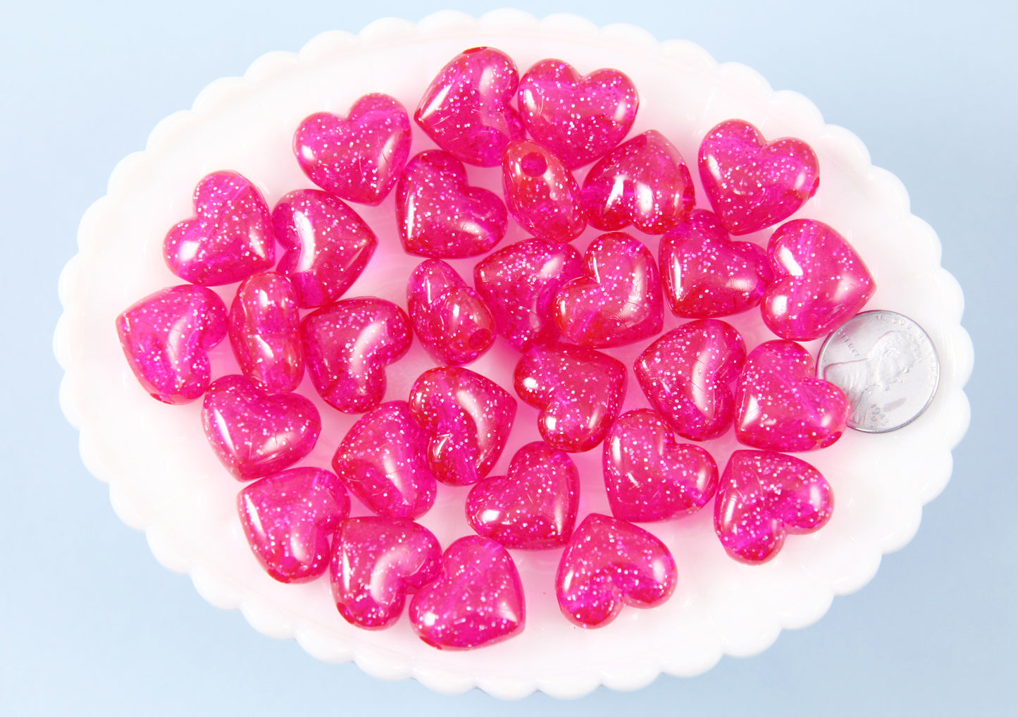 Deep Pink Heart Beads - 18mm Rose Pink Glitter Puffy Heart Acrylic or Resin Beads - 25 pcs set