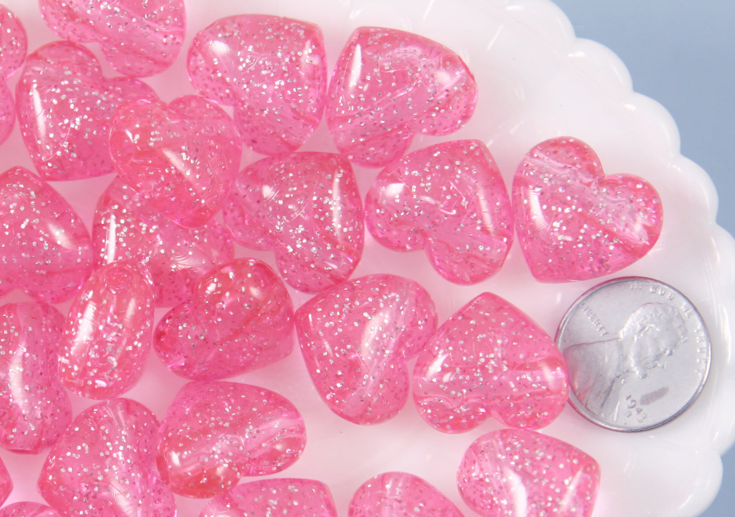 Pink Heart Beads - 18mm Pink Glitter Puffy Heart Acrylic or Resin Beads - 25 pcs set