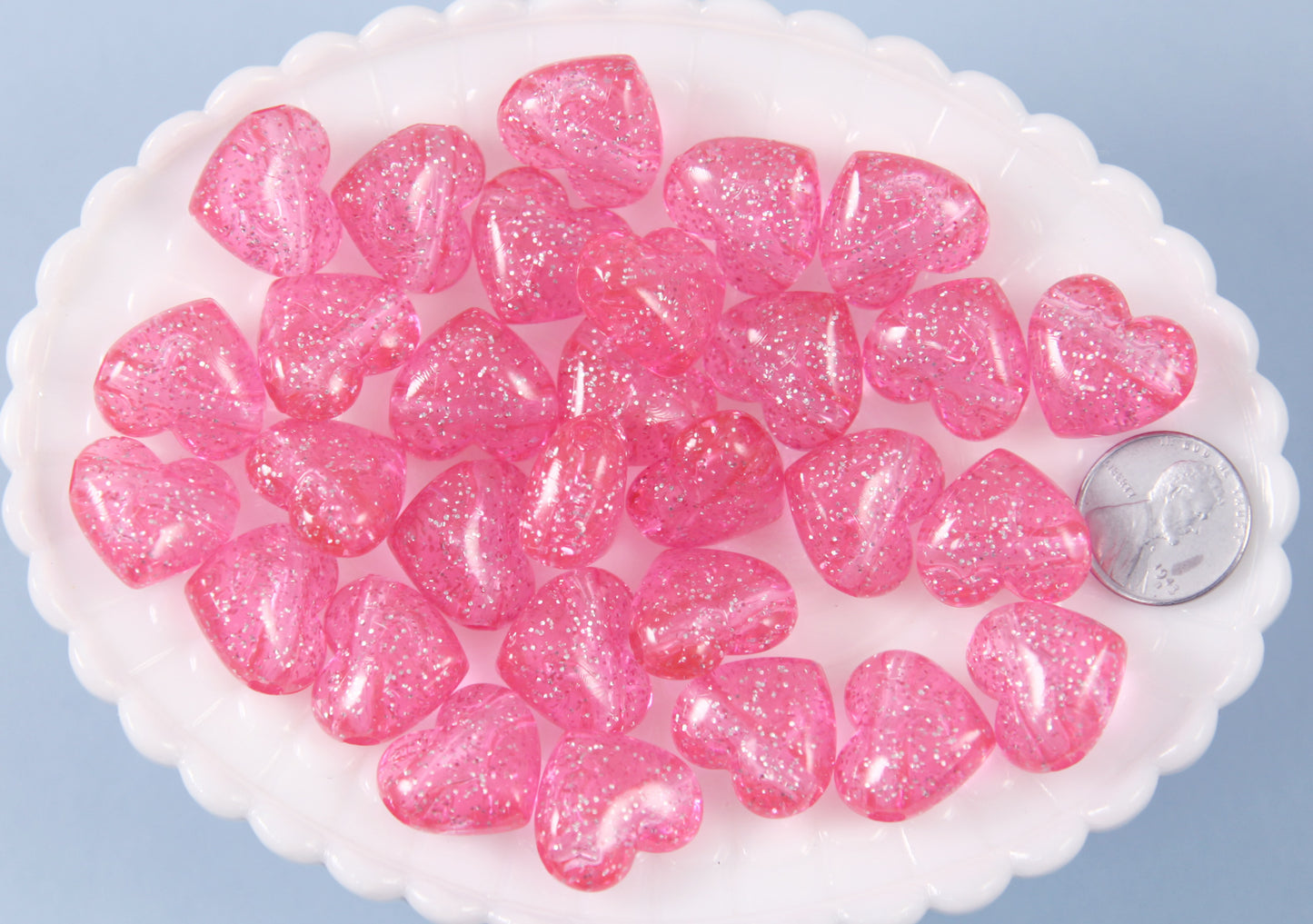 Pink Heart Beads - 18mm Pink Glitter Puffy Heart Acrylic or Resin Beads - 25 pcs set