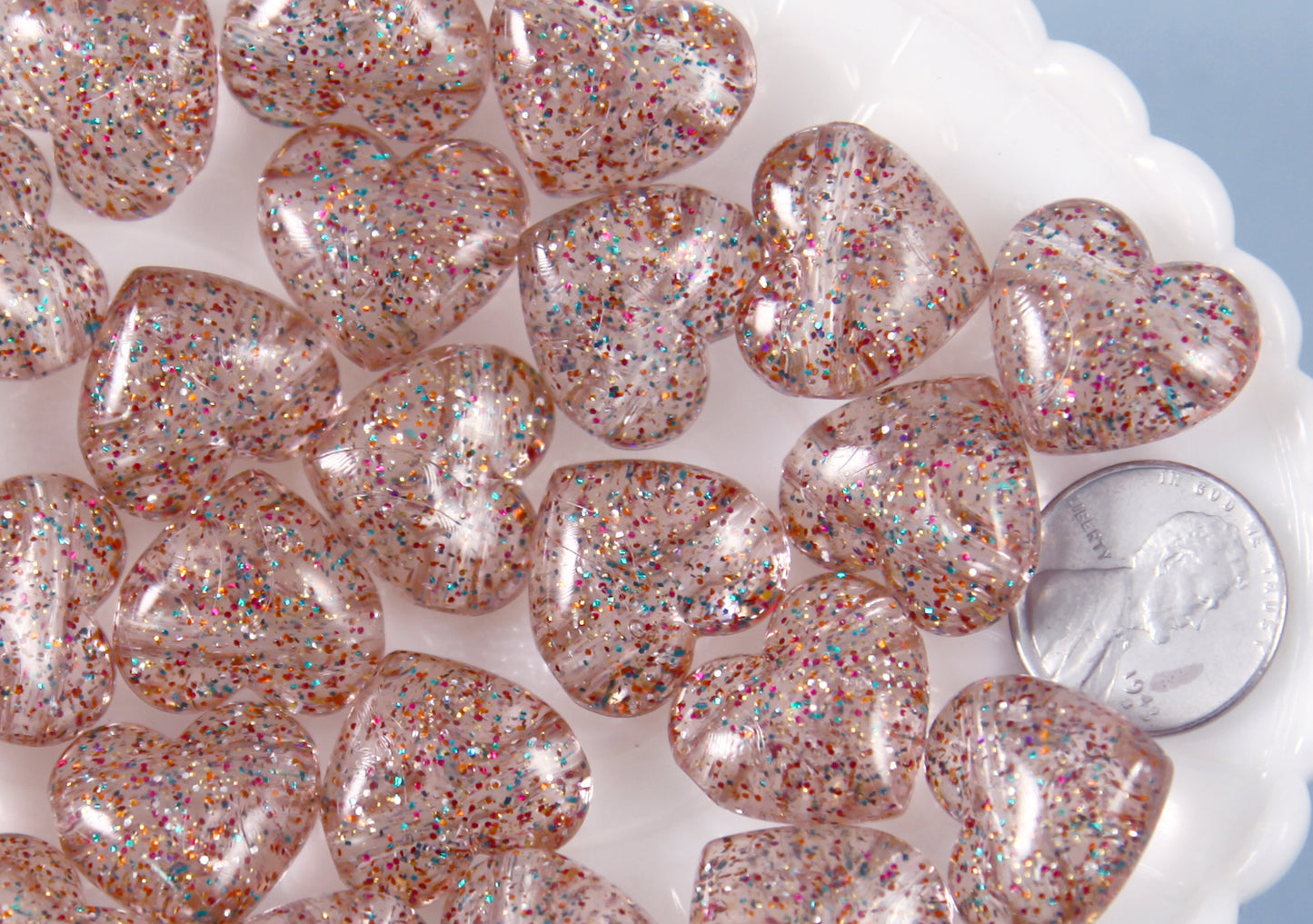 Rose Gold Heart Beads - 18mm Rose Gold Glitter Puffy Heart Acrylic or Resin Beads - 25 pcs set