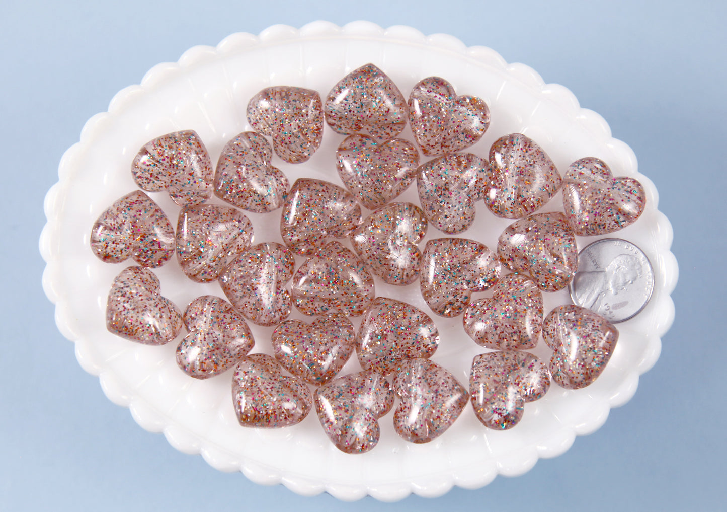 Rose Gold Heart Beads - 18mm Rose Gold Glitter Puffy Heart Acrylic or Resin Beads - 25 pcs set