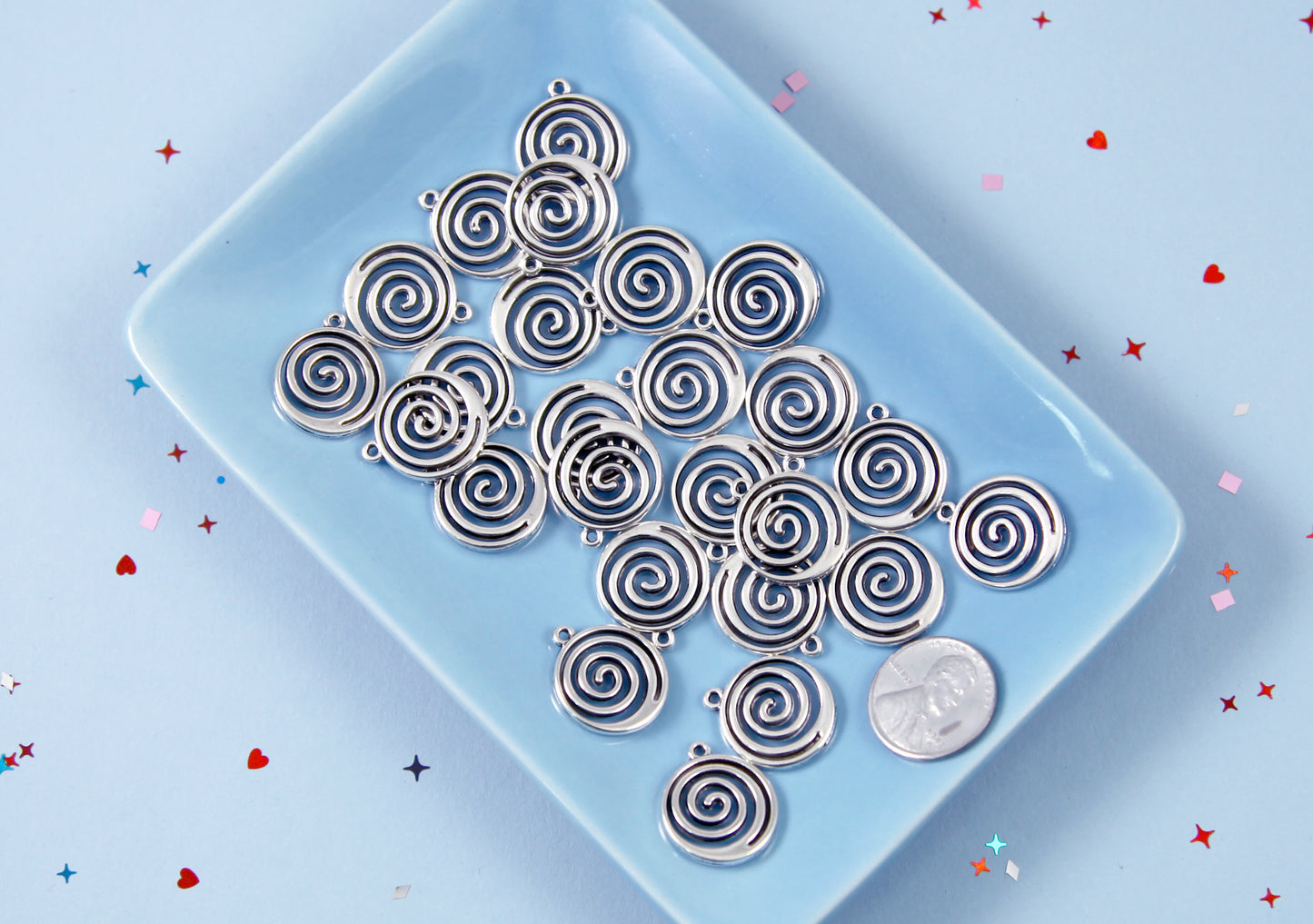 Spiral Charms - 20mm Swirl Pendants Silver Color Vortex Swirly Round Metal Charms - 12 pcs set