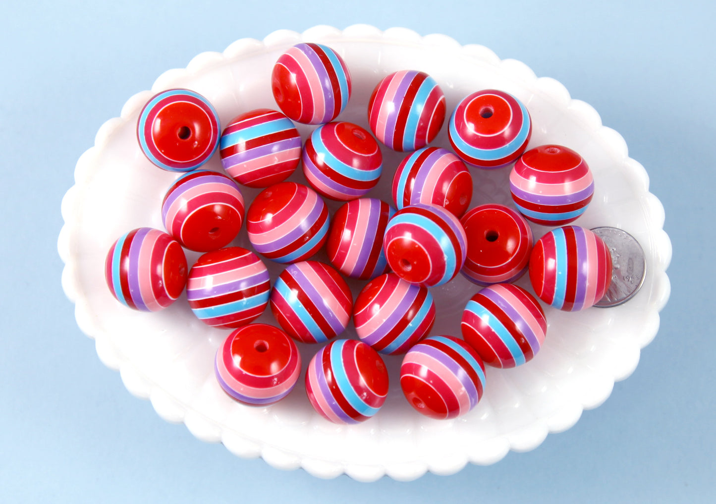 Chunky Striped Beads - 20mm Red Pink Purple Blue Mix Stripes Resin Beads - 12 pc set