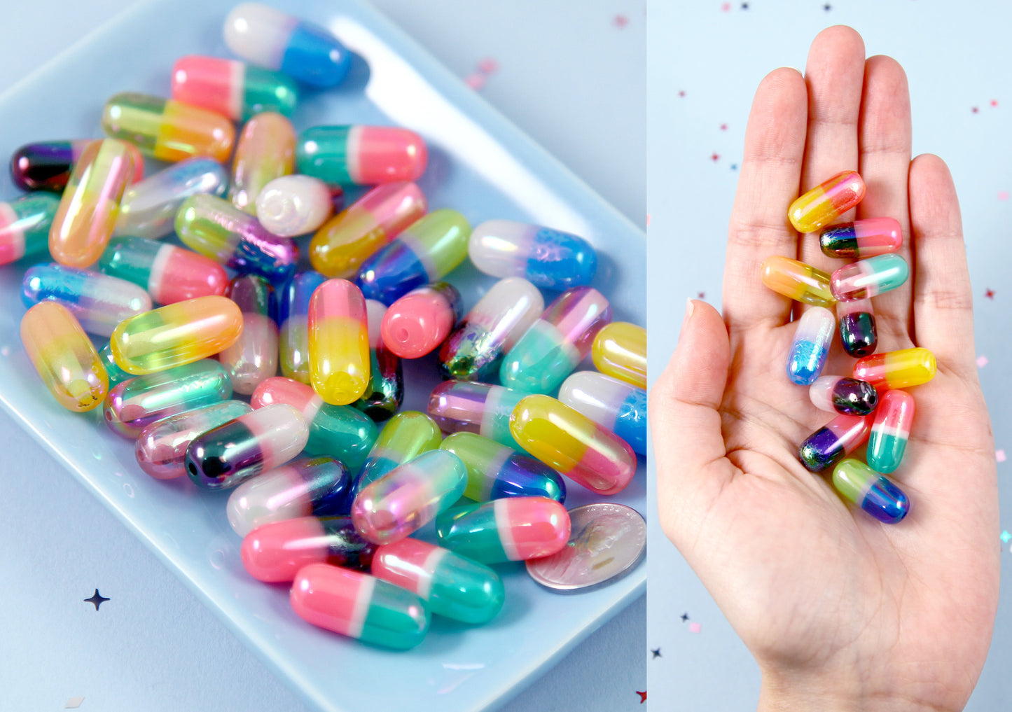 Pill Beads - 21mm Colorful Capsules Fake Pills Plastic or Resin Beads - 10 pc set