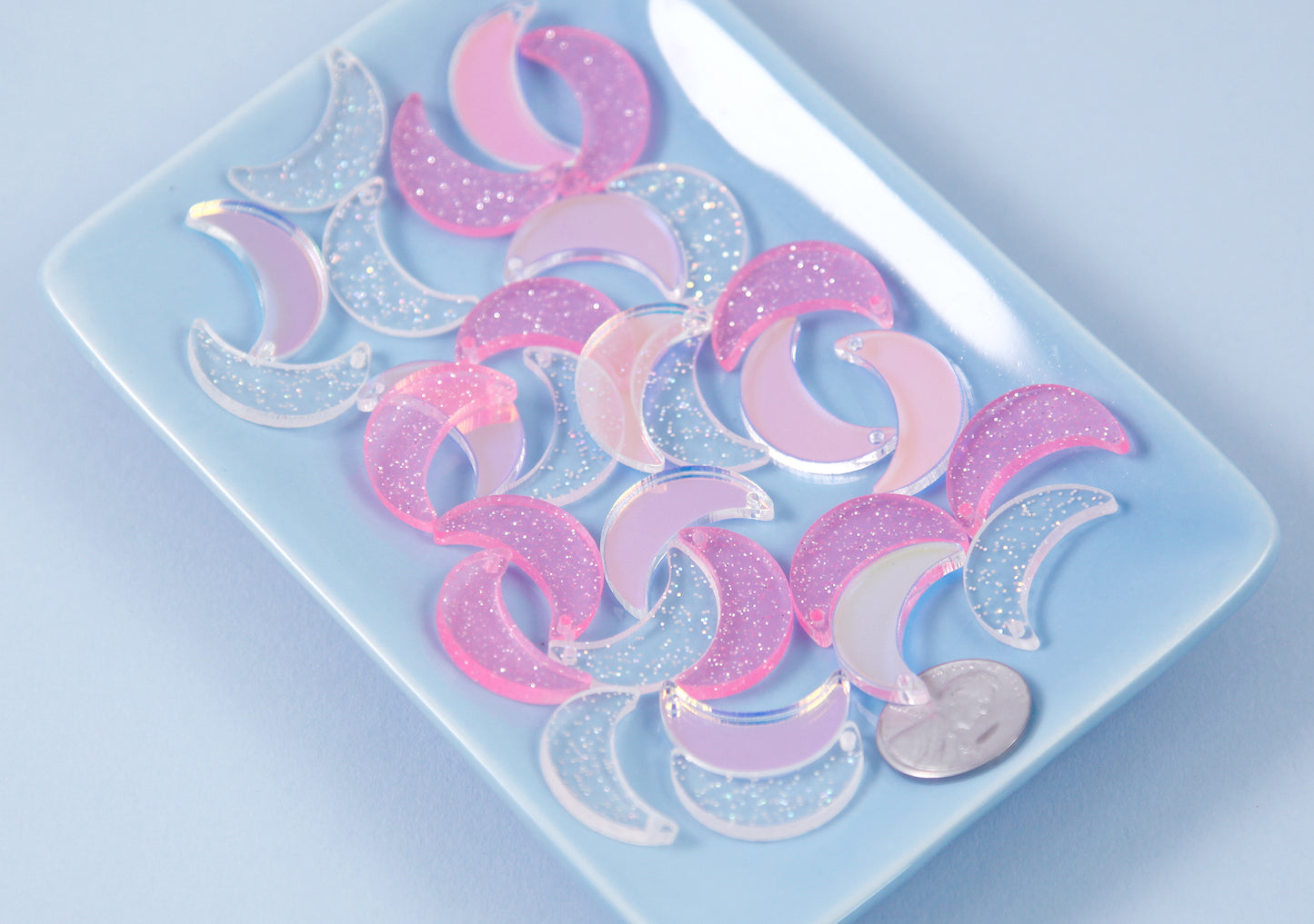 Moon Charms - 30mm Lovely Color Shift and Glitter Mix Moons Acrylic or Resin Charms - 12 pc set