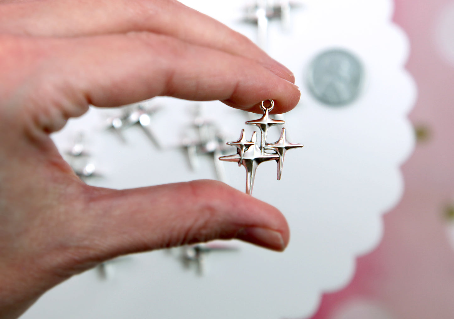 Four Pointed Star Cluster Charms - 8 pieces - 22mm Starburst Pendants Silver Color Alloy Metal Charms