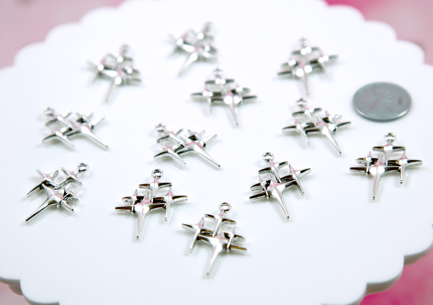 Four Pointed Star Cluster Charms - 8 pieces - 22mm Starburst Pendants Silver Color Alloy Metal Charms