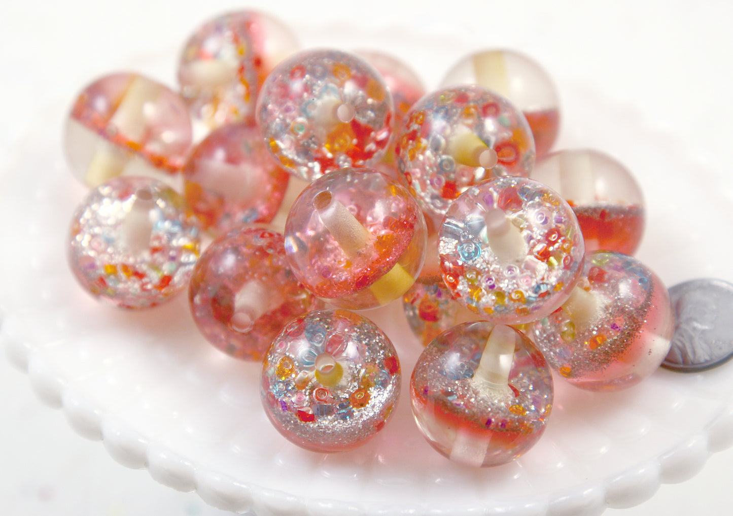 Resin Beads - 8 pieces - 23mm Coral Pink Nebula Glitter Large Chunky Resin Beads - Beads for pens or jewelry making