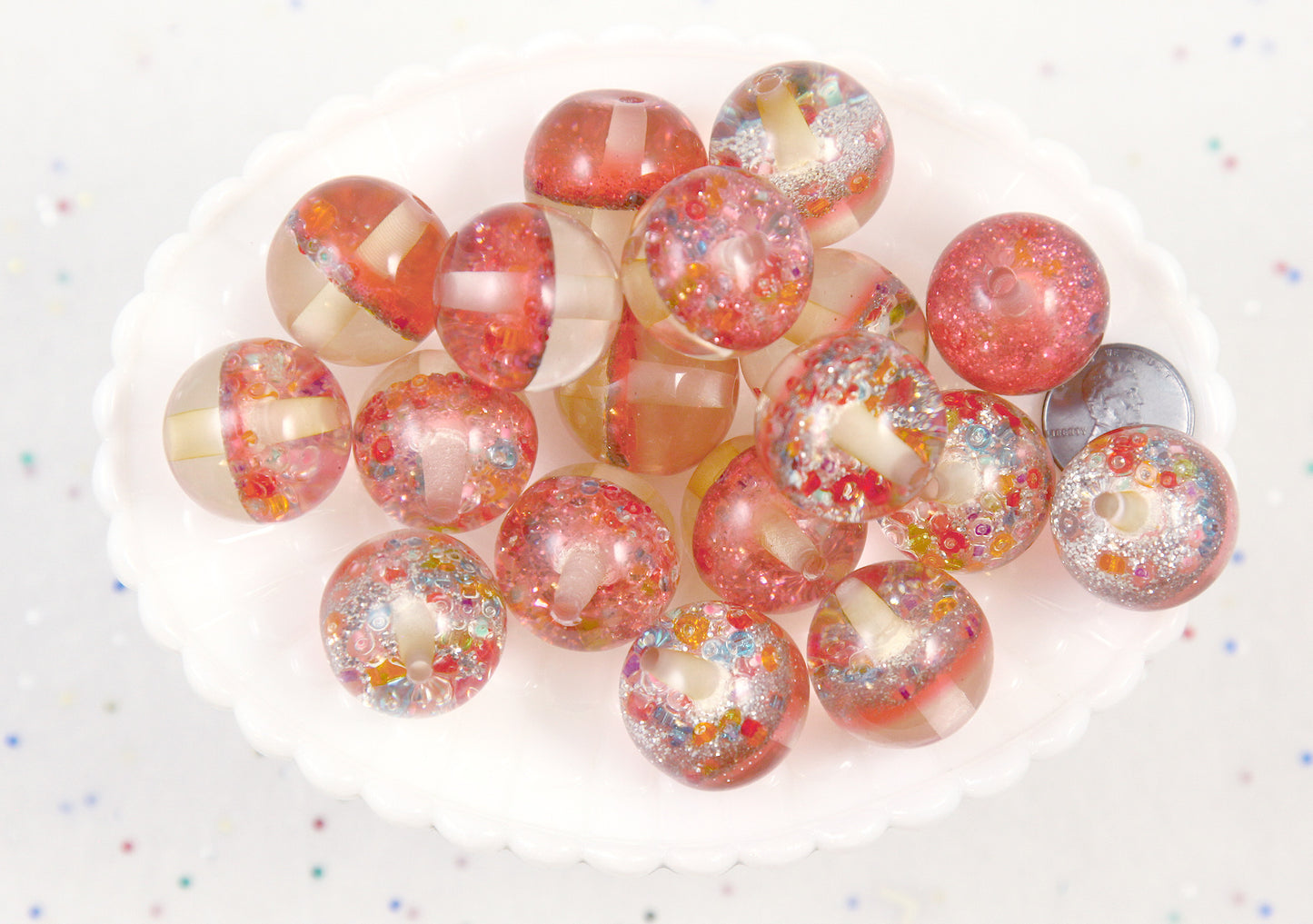 Resin Beads - 8 pieces - 23mm Coral Pink Nebula Glitter Large Chunky Resin Beads - Beads for pens or jewelry making