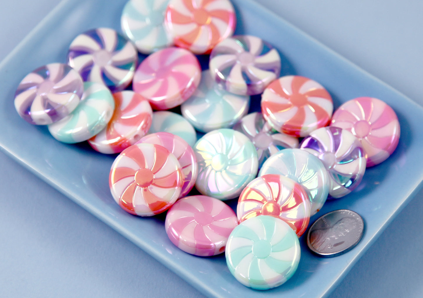 Candy Beads - 23mm Amazing AB Pastel Peppermint Swirl Beads Bright Pastel Color Candy Shape Chunky Acrylic or Resin Beads - 10 pc set