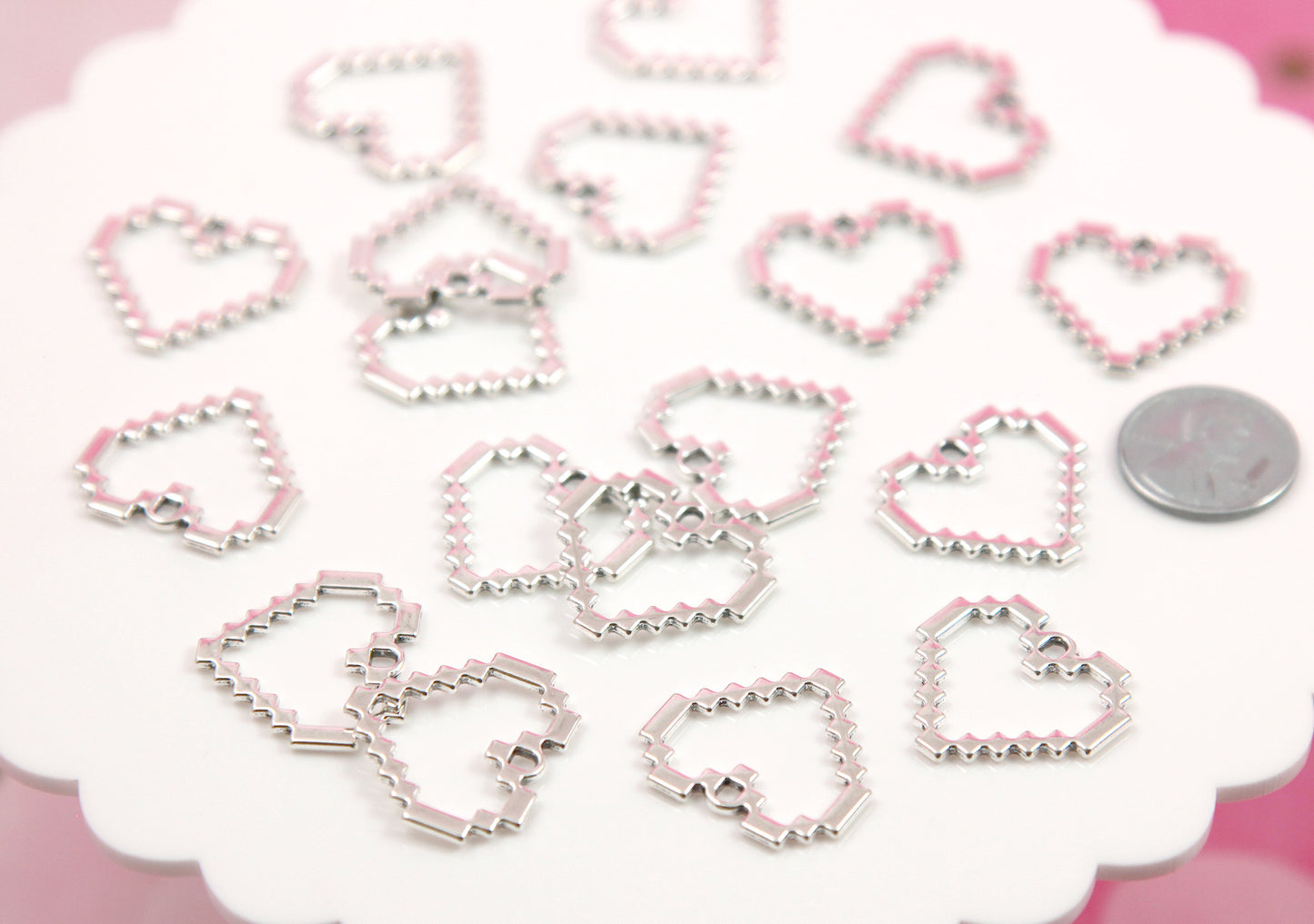 Pixel Heart Charms - 10 pieces - 24mm Metal Pixely Heart Outline Charm - Easy to Make into Earrings