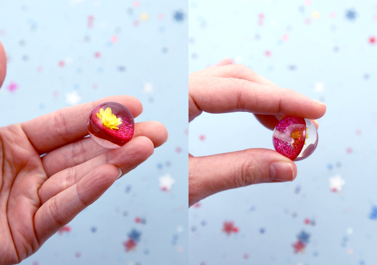 Flower Beads - 24mm Beautiful Dried Flower and Glitter Large Chunky Resin Beads - 6 pc set