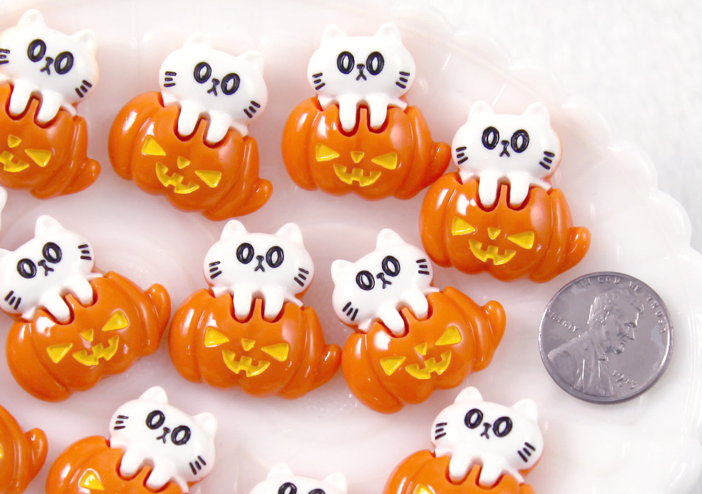 Cute Halloween Cabochon - Cat in Pumpkin Jack-o-lantern Acrylic or Resin Flat Back Cabochons - 6 pc set