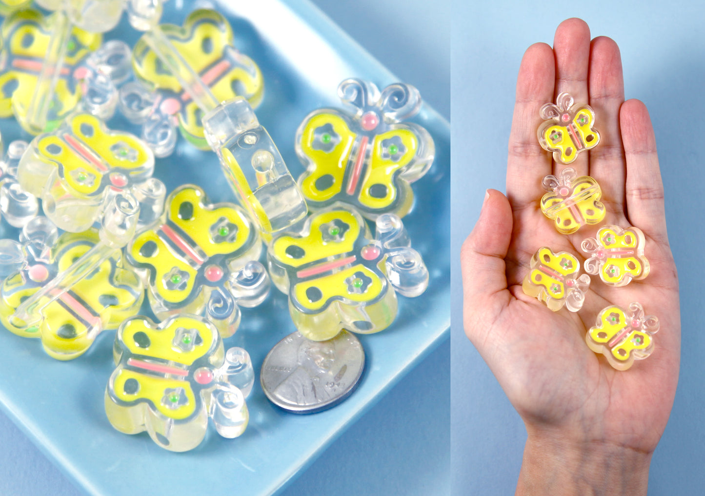 Butterfly Beads - 25mm Yellow Butterfly Enamel Style Acrylic Beads or Resin Beads - 10 pc set