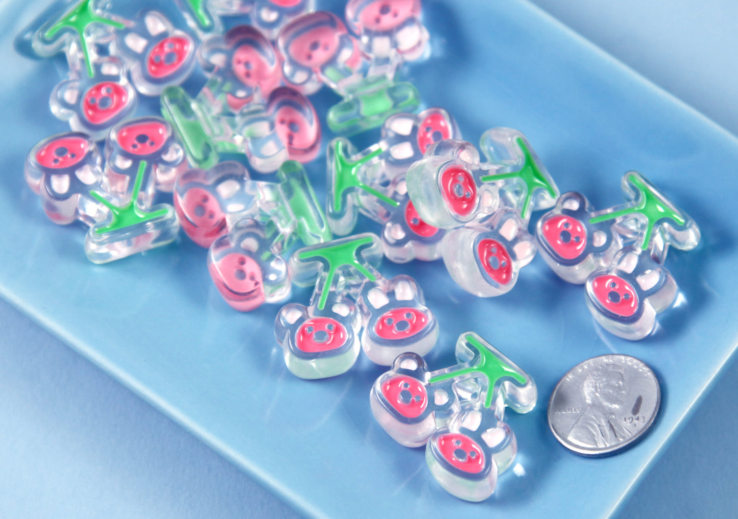 Cute Beads - 26mm Bear Bunny Cherry Enamel Style Acrylic Beads or Resin Beads - 10 pc set