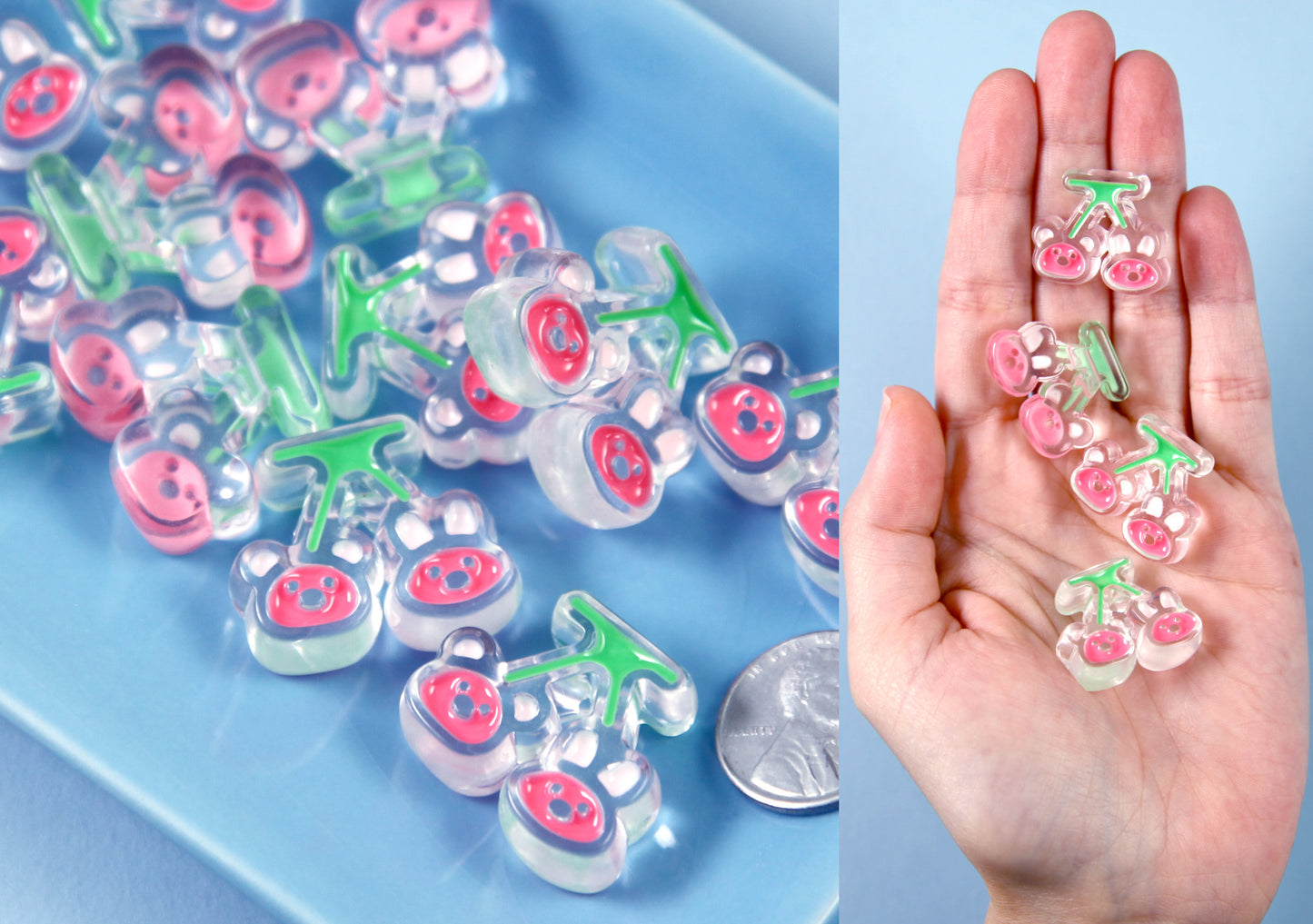 Cute Beads - 26mm Bear Bunny Cherry Enamel Style Acrylic Beads or Resin Beads - 10 pc set